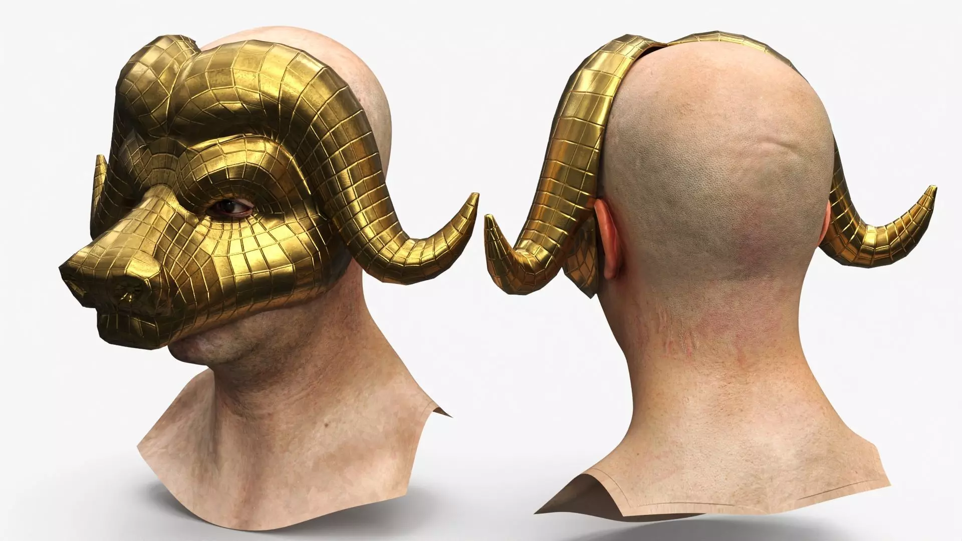 Geometric Bull Head Mask Gold on Head 3D model_1
