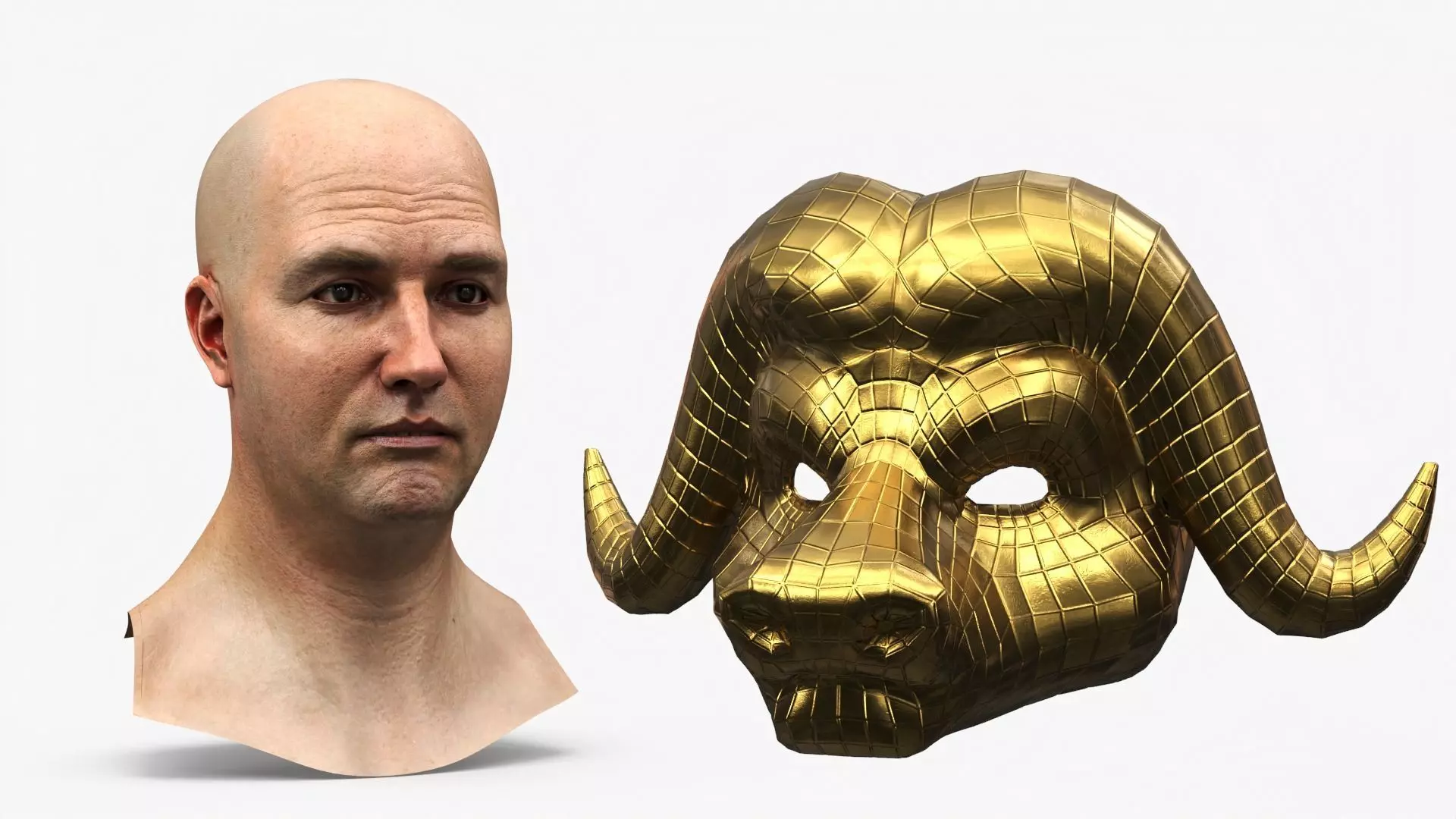 Geometric Bull Head Mask Gold on Head 3D model_3
