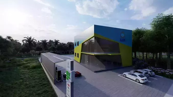 Modern EV Charging Station and Office Building Exterior