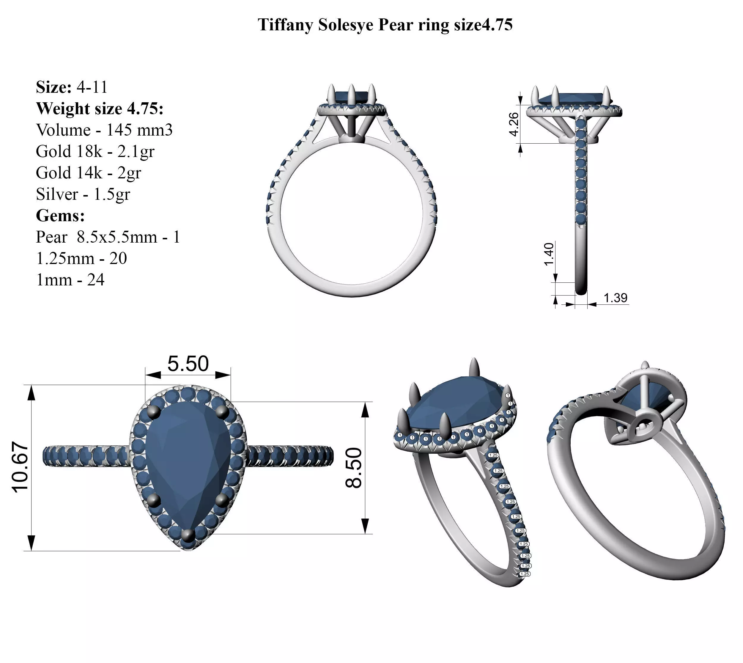 Copy of Tiffany Solesye Pear ring All Sizes 3D print model_4