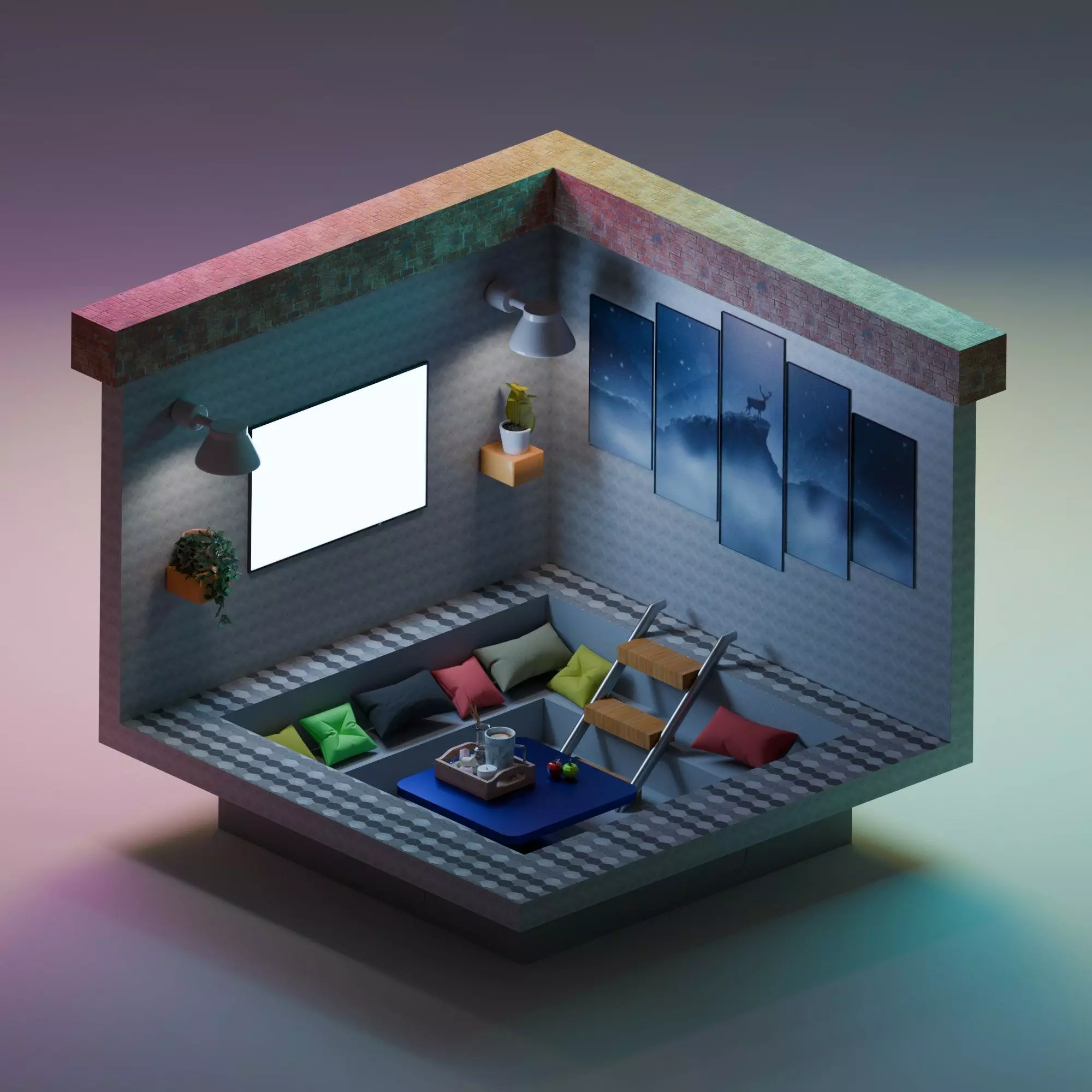 Modern Cozy Loft Living Room 3D model