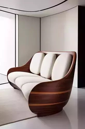 Modern Curved Sofa 3D Wooden Furniture Cream Upholstery