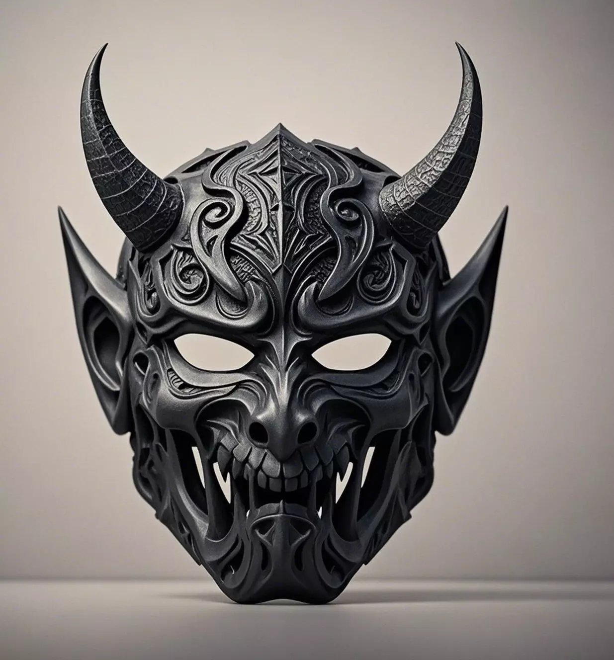 Japanese-Inspired Black Demon Mask Sculpture 3D print model_0