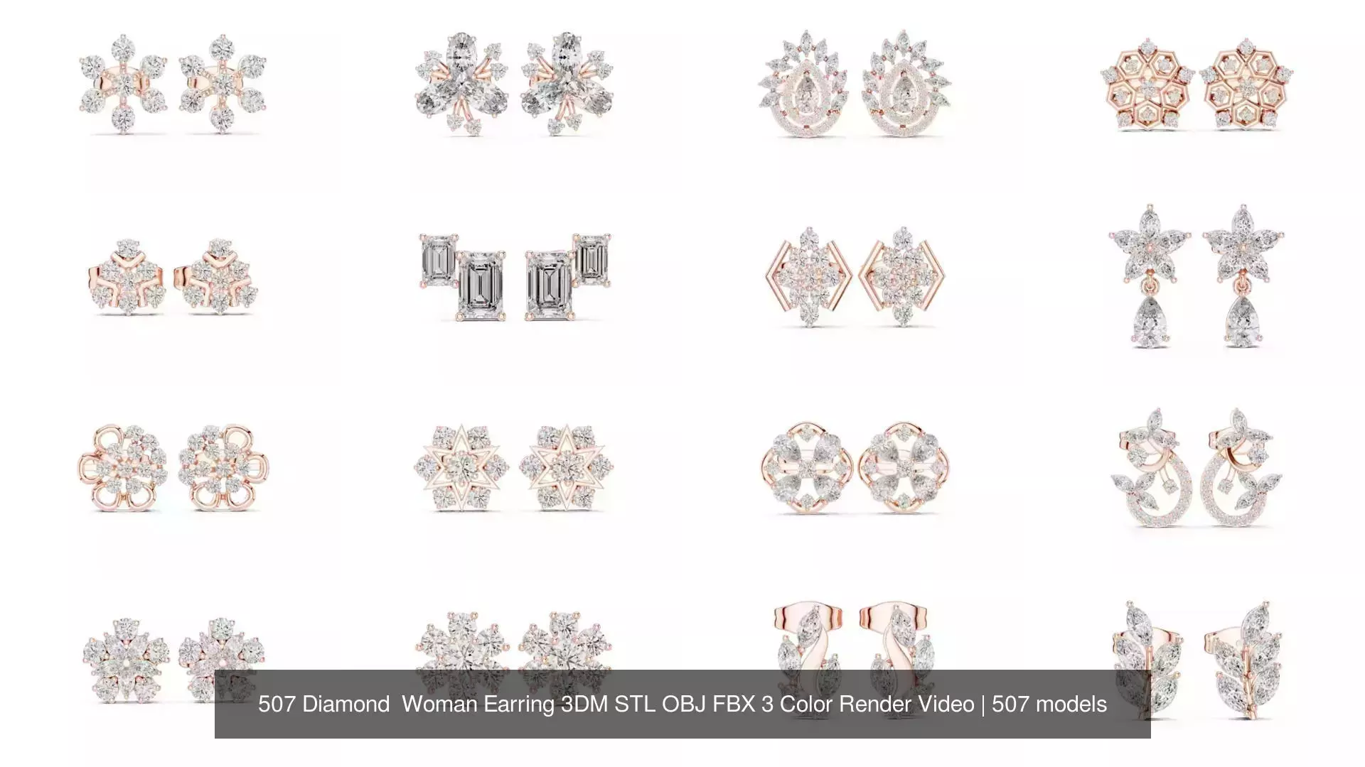 507 Diamond  Woman Earring 3DM STL OBJ FBX 3 Color Render Video 3D Model Collection_66