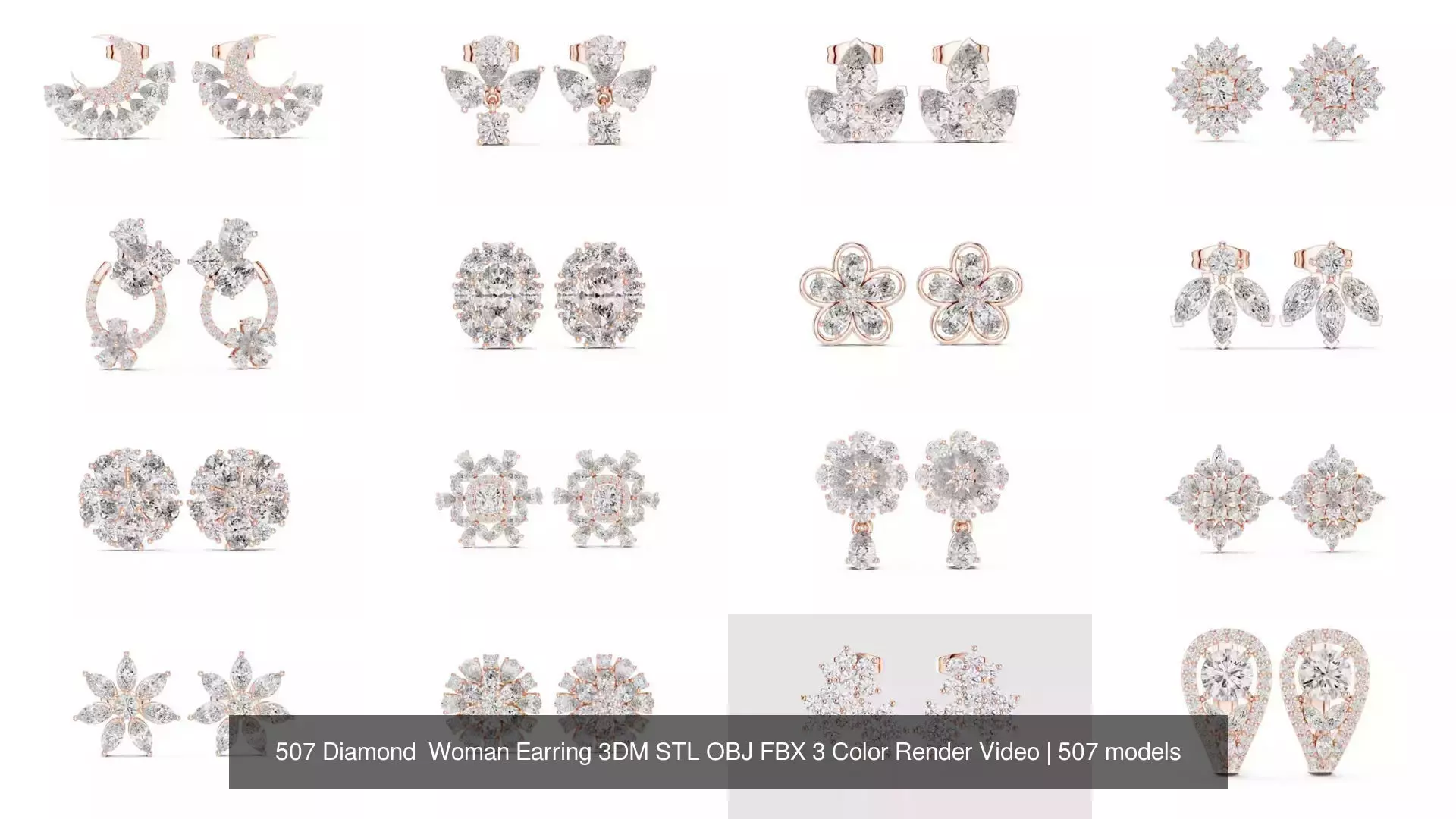 507 Diamond  Woman Earring 3DM STL OBJ FBX 3 Color Render Video 3D Model Collection_60