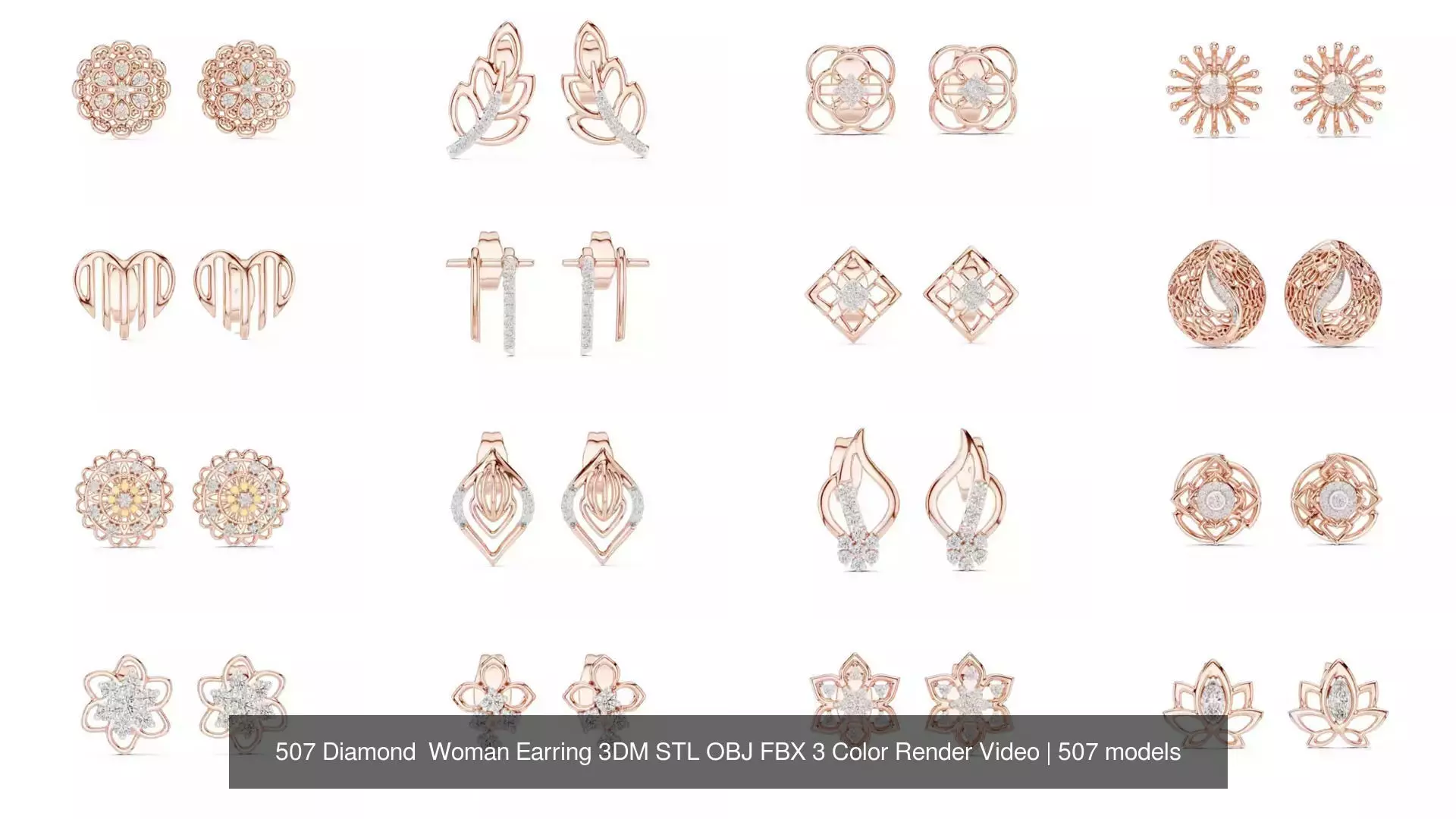 507 Diamond  Woman Earring 3DM STL OBJ FBX 3 Color Render Video 3D Model Collection_5