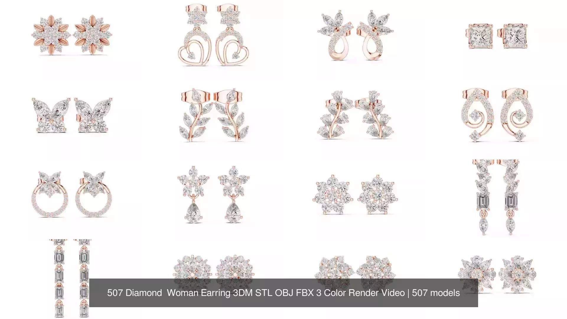507 Diamond  Woman Earring 3DM STL OBJ FBX 3 Color Render Video 3D Model Collection_57
