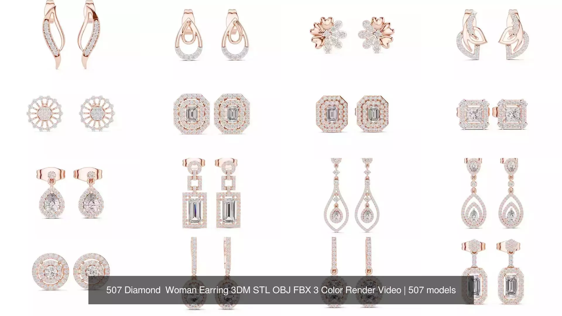 507 Diamond  Woman Earring 3DM STL OBJ FBX 3 Color Render Video 3D Model Collection_7