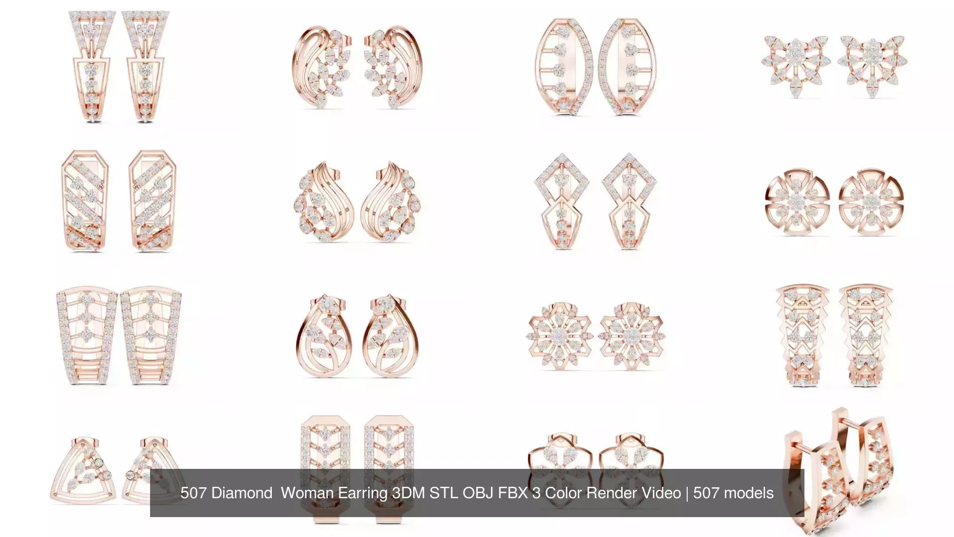 507 Diamond  Woman Earring 3DM STL OBJ FBX 3 Color Render Video 3D Model Collection_31
