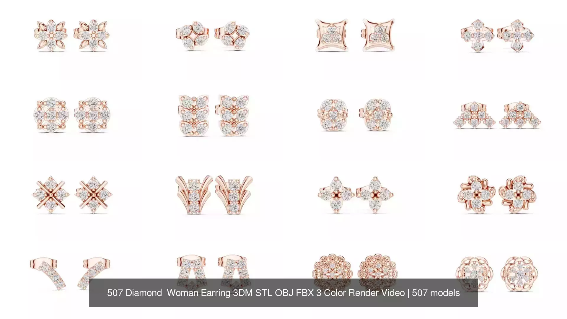 507 Diamond  Woman Earring 3DM STL OBJ FBX 3 Color Render Video 3D Model Collection_75