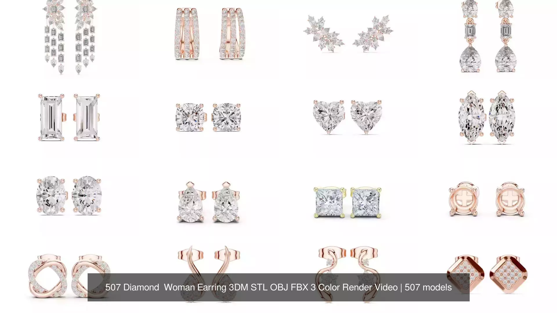 507 Diamond  Woman Earring 3DM STL OBJ FBX 3 Color Render Video 3D Model Collection_19