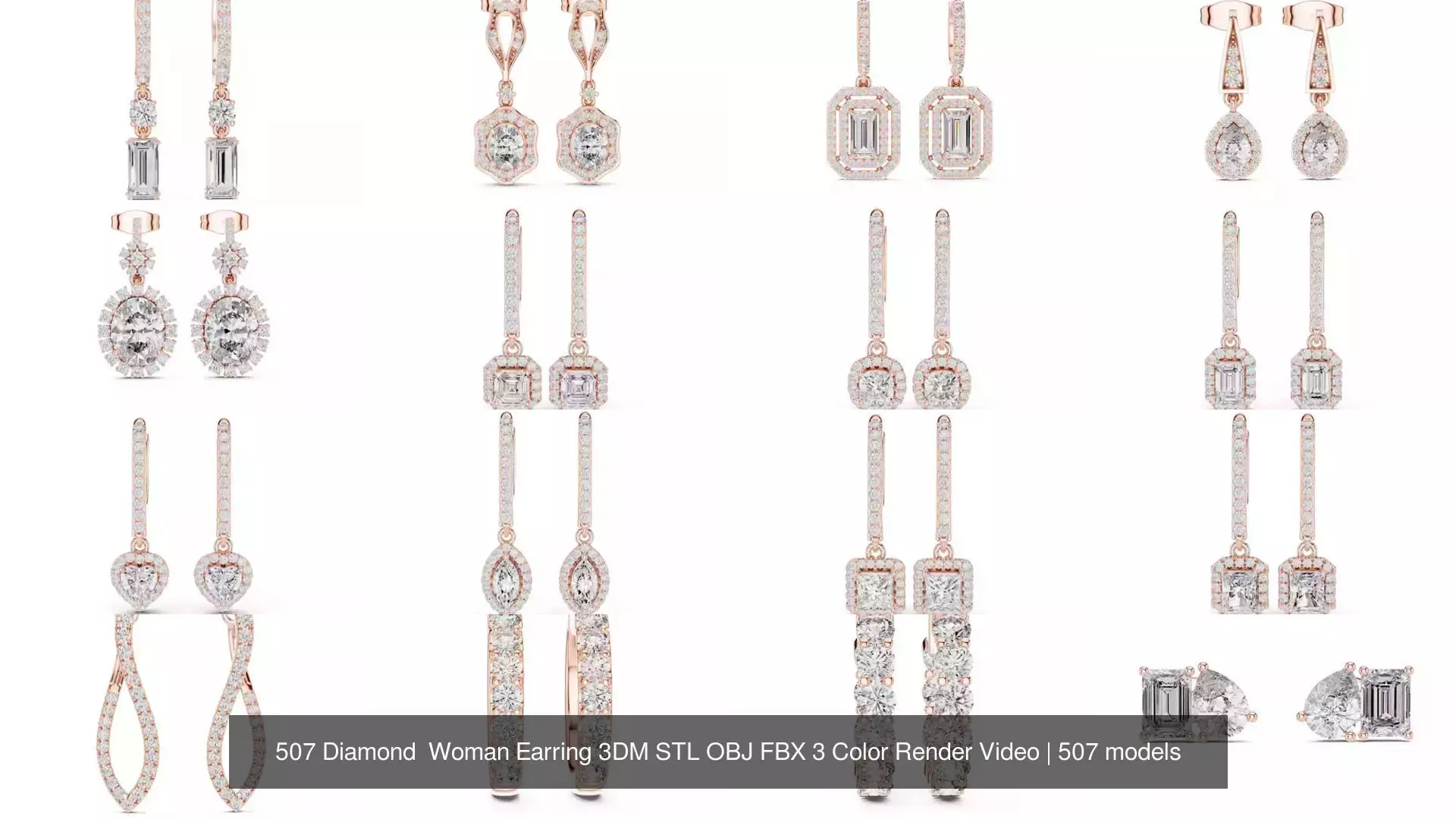507 Diamond  Woman Earring 3DM STL OBJ FBX 3 Color Render Video 3D Model Collection_9