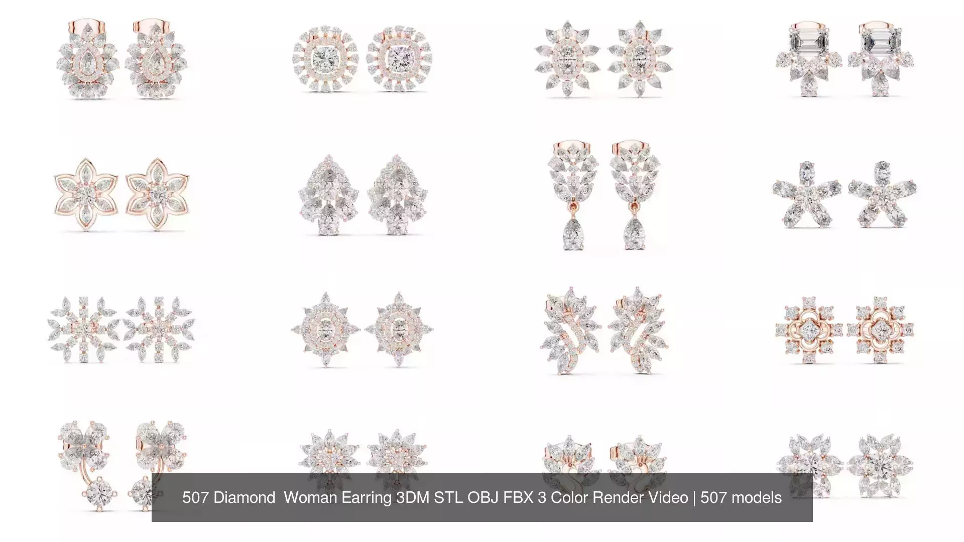 507 Diamond  Woman Earring 3DM STL OBJ FBX 3 Color Render Video 3D Model Collection_63