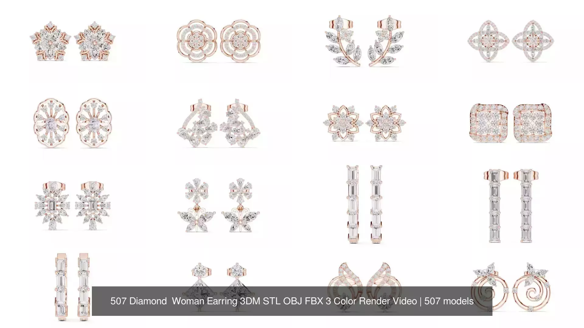 507 Diamond  Woman Earring 3DM STL OBJ FBX 3 Color Render Video 3D Model Collection_46