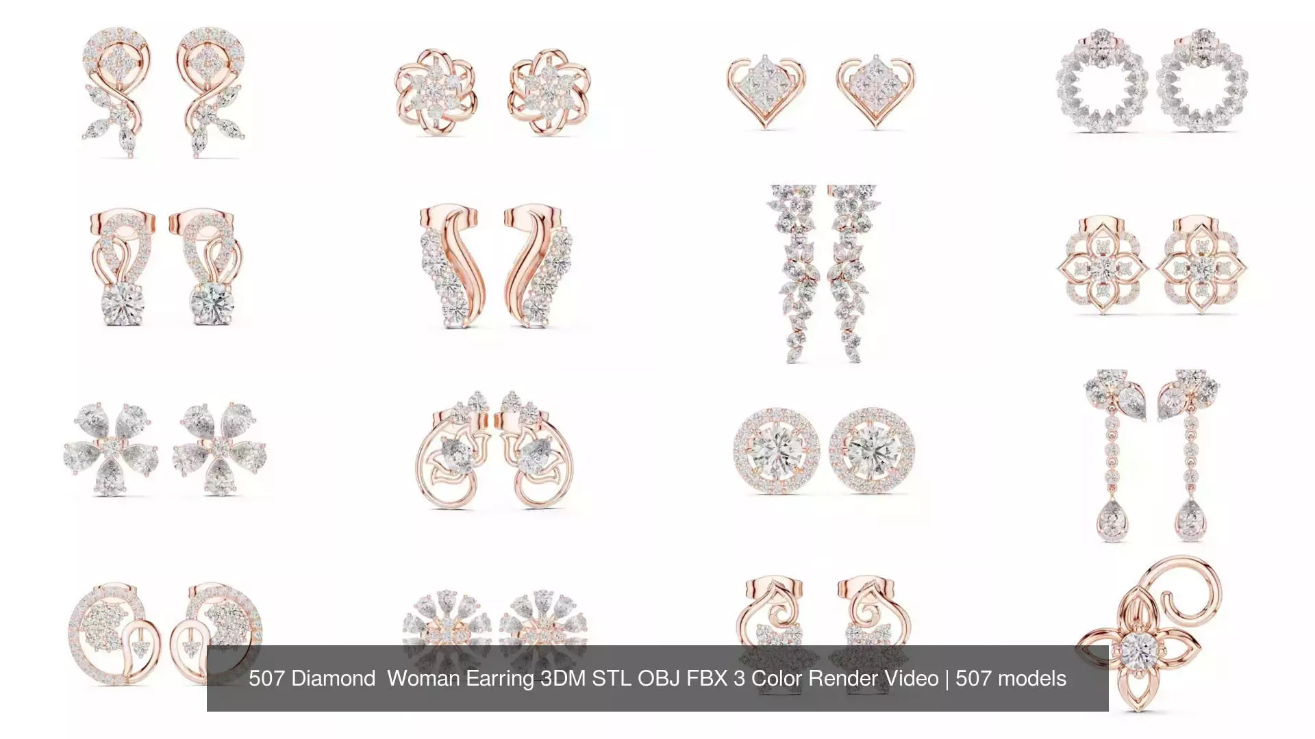 507 Diamond  Woman Earring 3DM STL OBJ FBX 3 Color Render Video 3D Model Collection_51