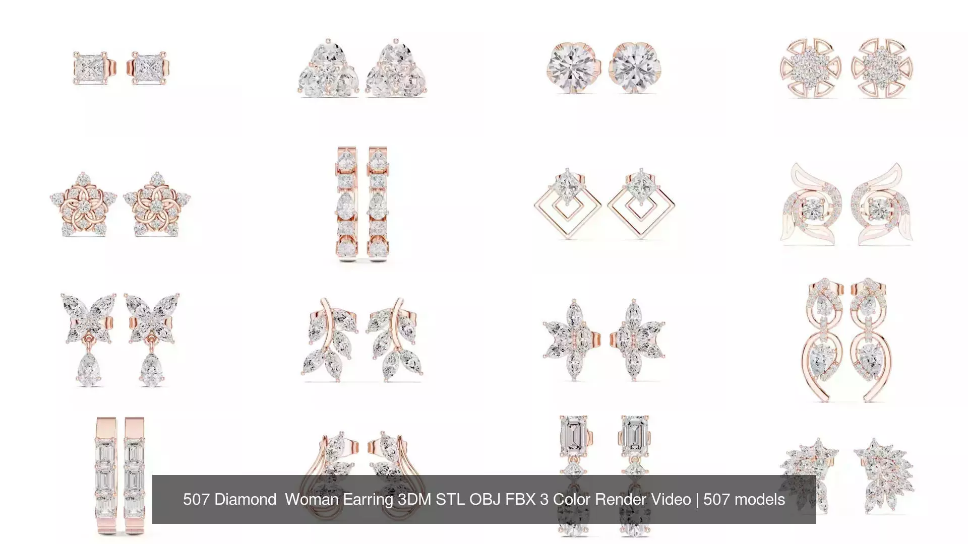 507 Diamond  Woman Earring 3DM STL OBJ FBX 3 Color Render Video 3D Model Collection_48