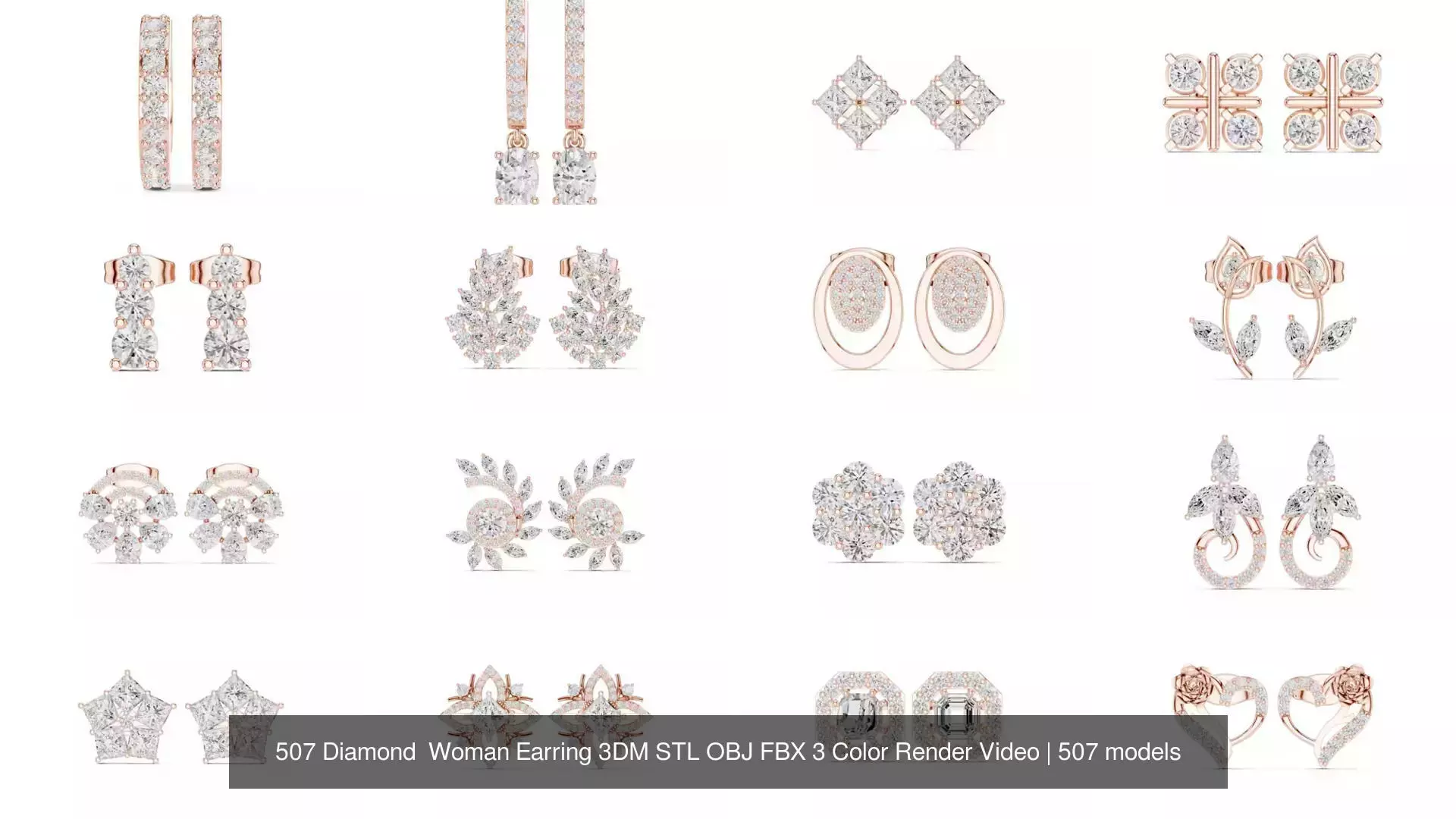 507 Diamond  Woman Earring 3DM STL OBJ FBX 3 Color Render Video 3D Model Collection_43