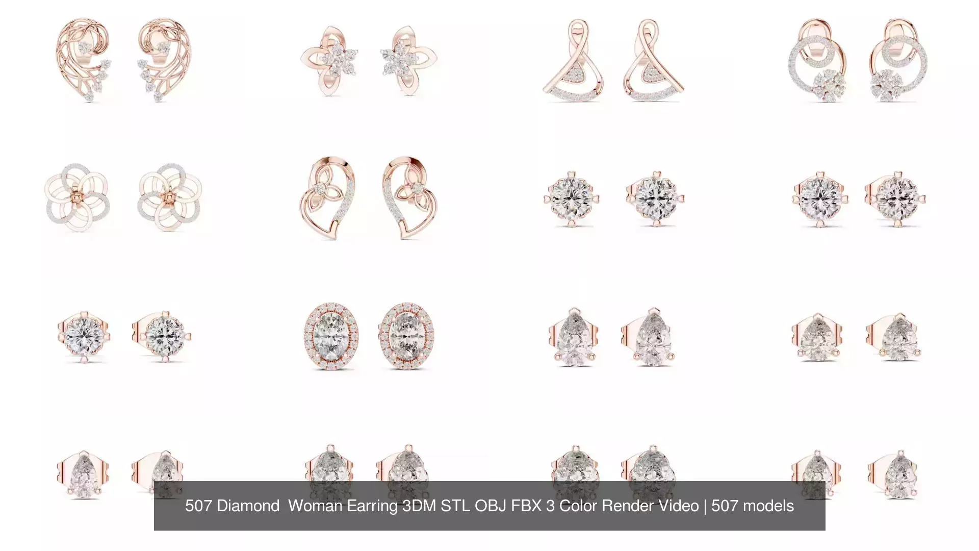 507 Diamond  Woman Earring 3DM STL OBJ FBX 3 Color Render Video 3D Model Collection_15