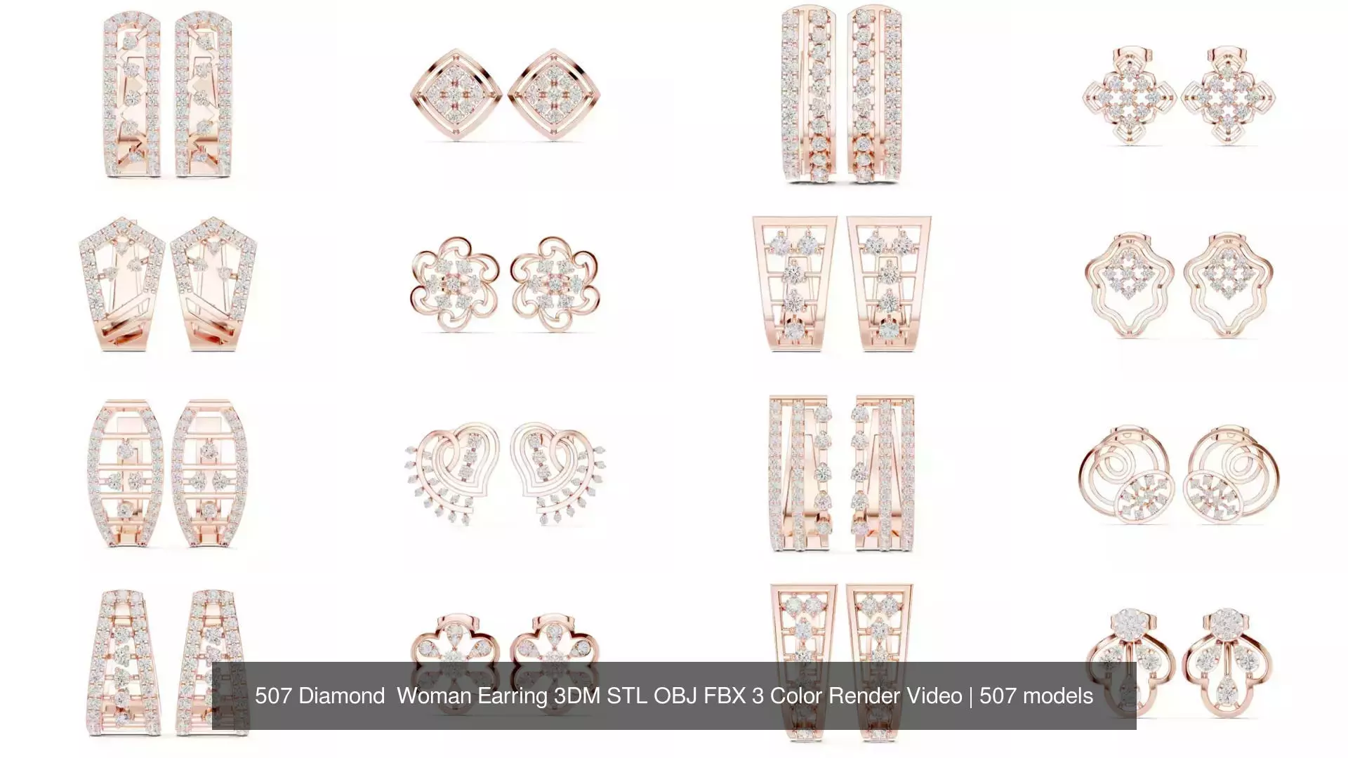 507 Diamond  Woman Earring 3DM STL OBJ FBX 3 Color Render Video 3D Model Collection_28