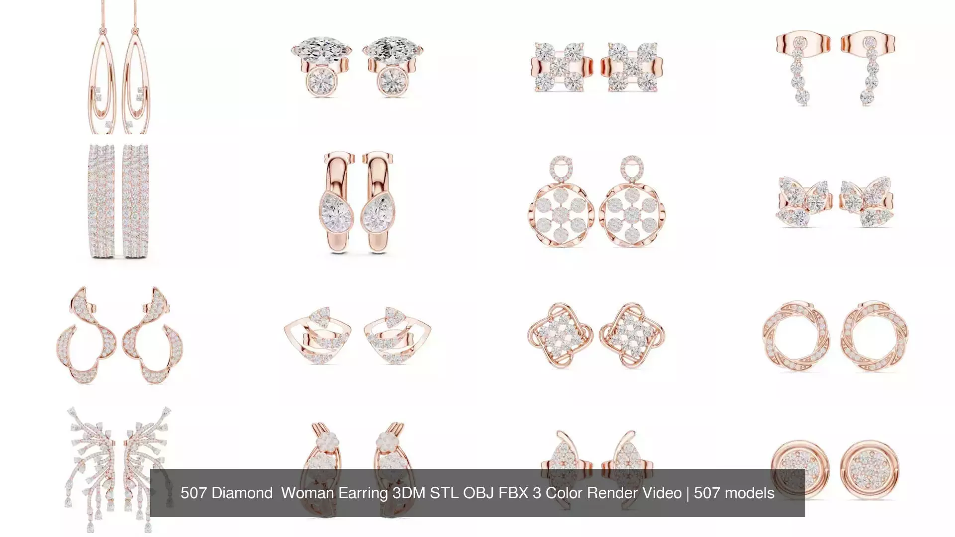 507 Diamond  Woman Earring 3DM STL OBJ FBX 3 Color Render Video 3D Model Collection_23
