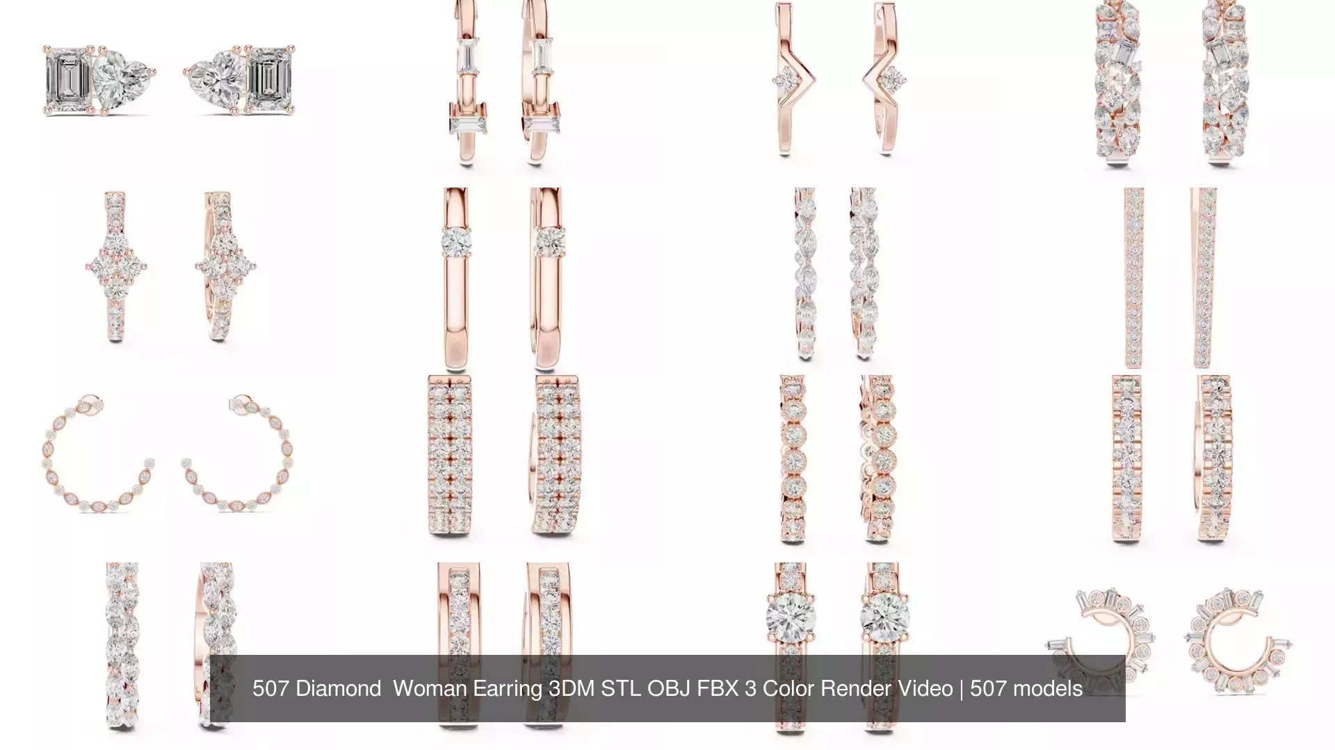 507 Diamond  Woman Earring 3DM STL OBJ FBX 3 Color Render Video 3D Model Collection_11