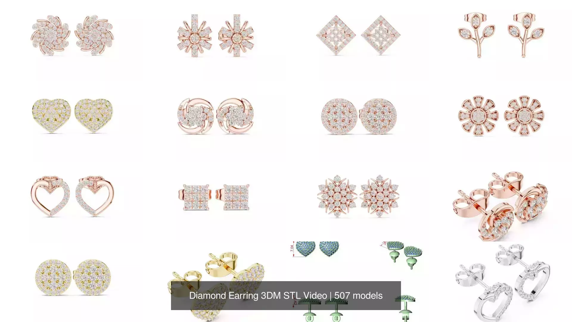 507 Diamond  Woman Earring 3DM STL OBJ FBX 3 Color Render Video 3D Model Collection_80