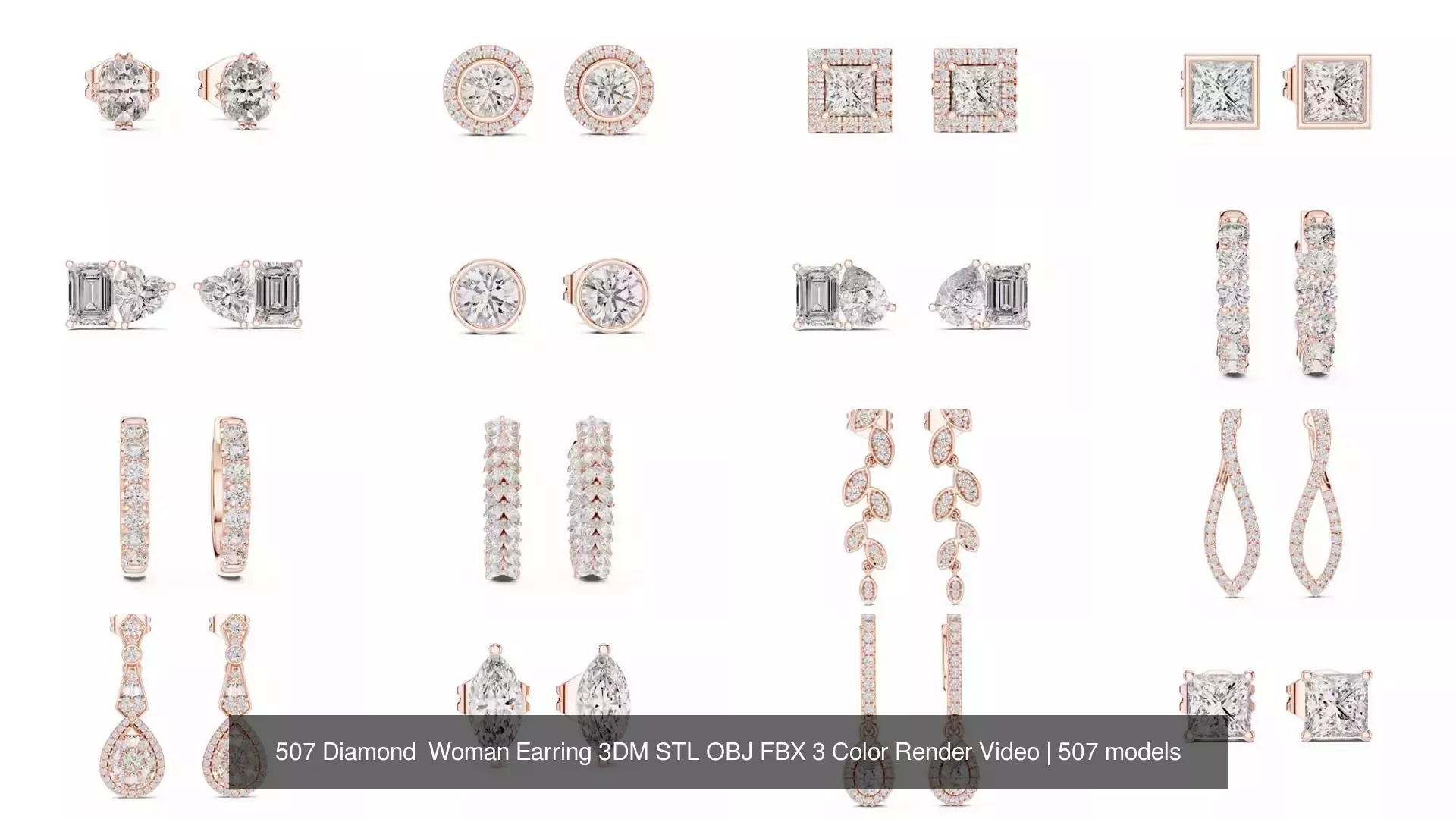 507 Diamond  Woman Earring 3DM STL OBJ FBX 3 Color Render Video 3D Model Collection_17