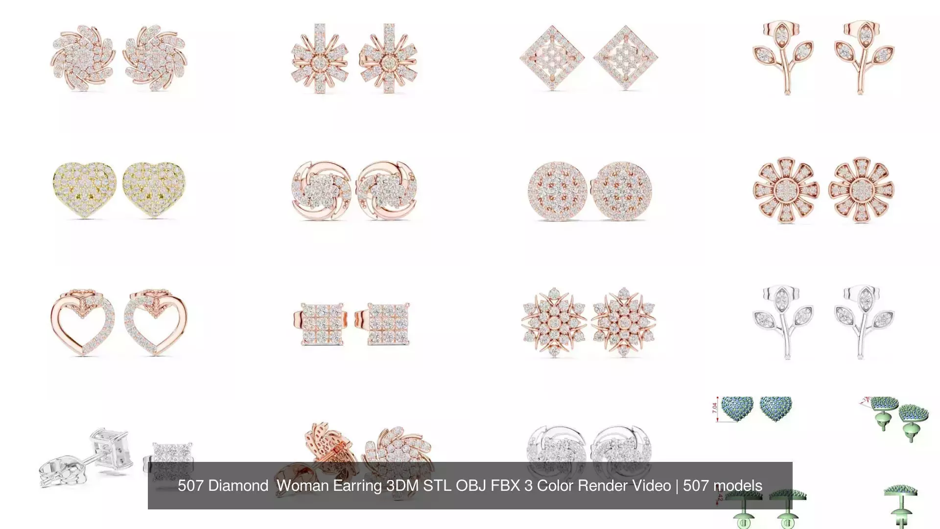 507 Diamond  Woman Earring 3DM STL OBJ FBX 3 Color Render Video 3D Model Collection_81