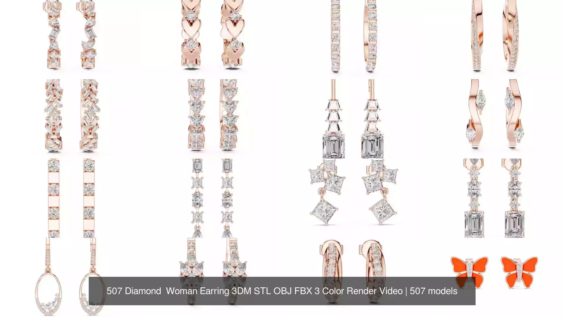 507 Diamond  Woman Earring 3DM STL OBJ FBX 3 Color Render Video 3D Model Collection_13