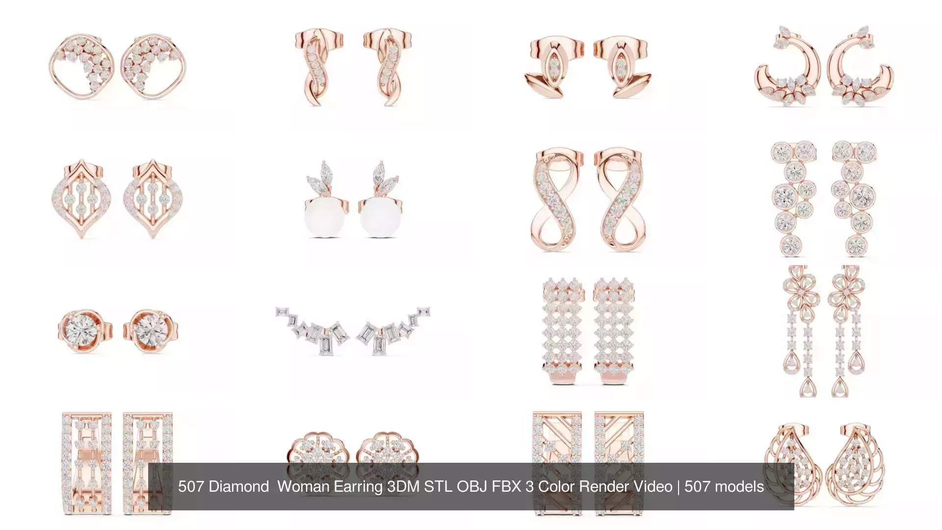 507 Diamond  Woman Earring 3DM STL OBJ FBX 3 Color Render Video 3D Model Collection_25