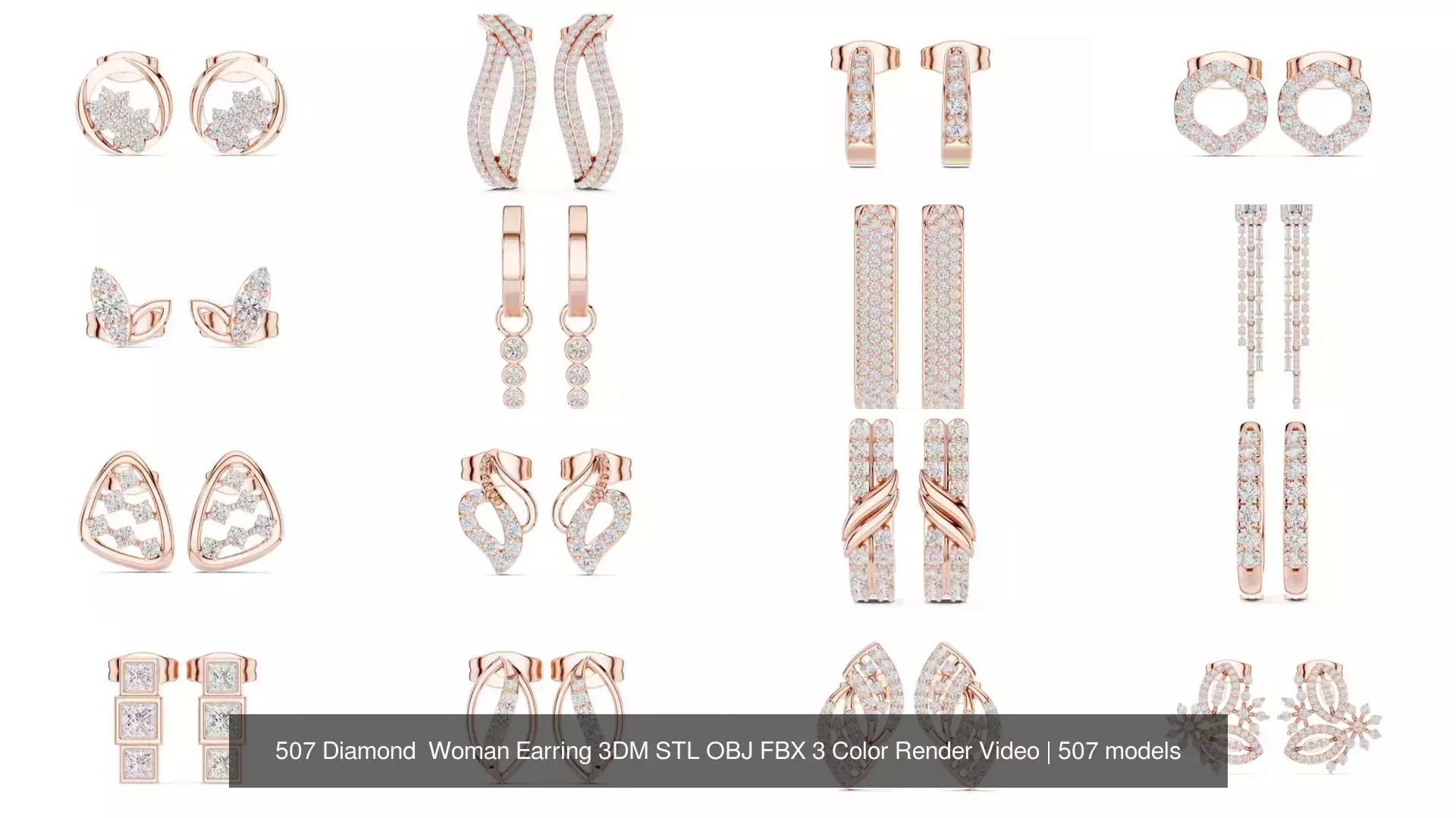 507 Diamond  Woman Earring 3DM STL OBJ FBX 3 Color Render Video 3D Model Collection_21