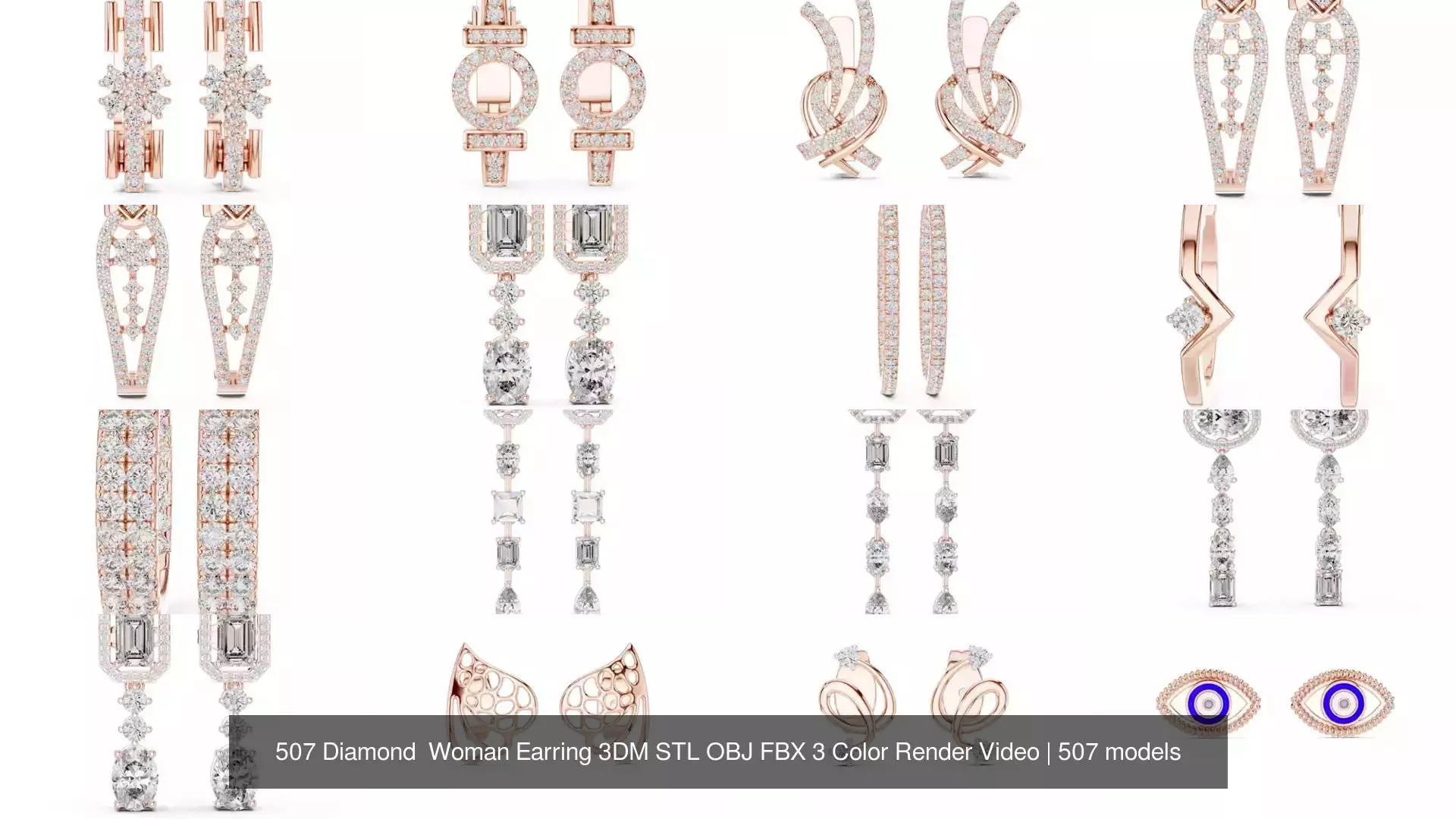 507 Diamond  Woman Earring 3DM STL OBJ FBX 3 Color Render Video 3D Model Collection_3