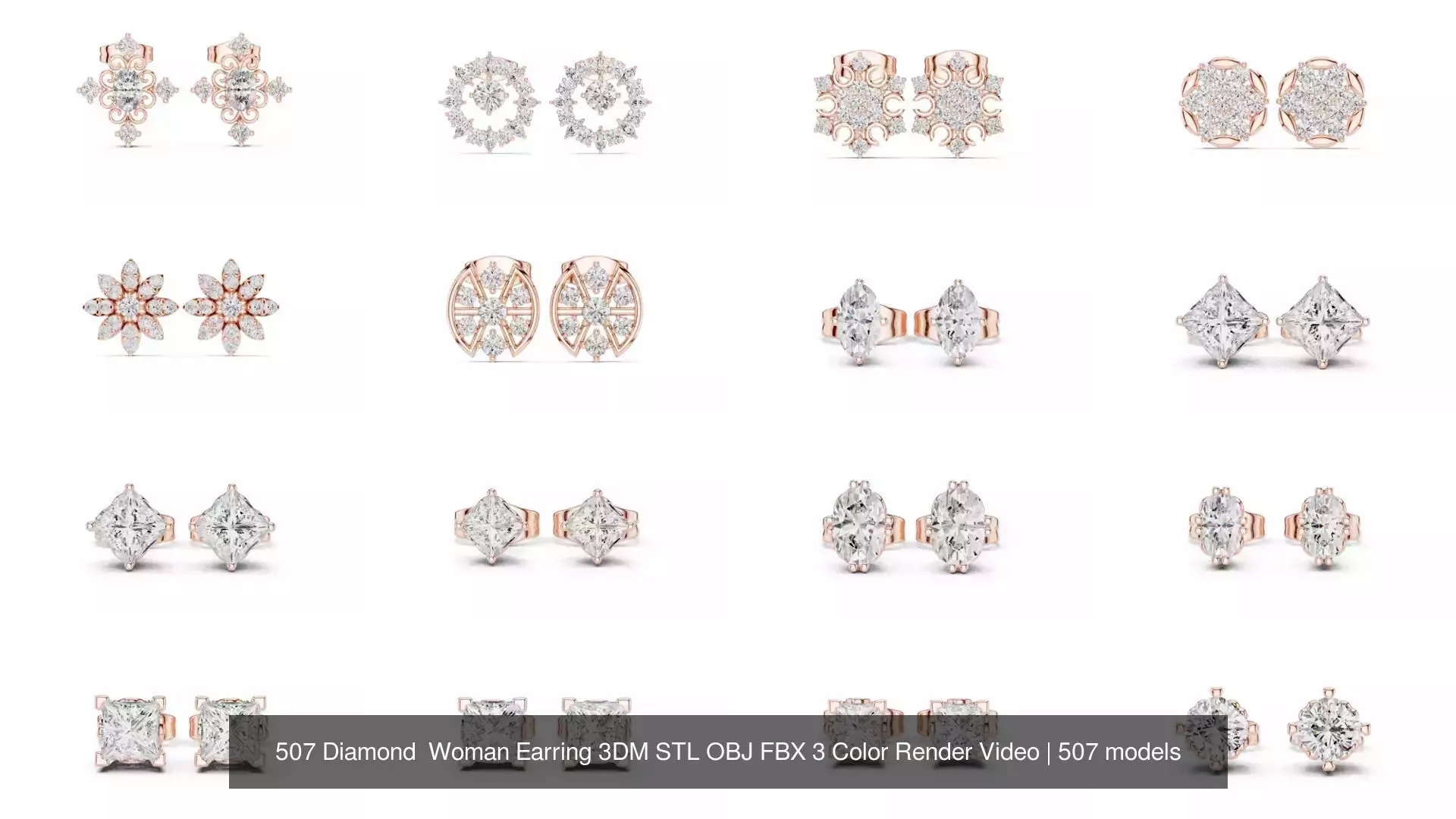 507 Diamond  Woman Earring 3DM STL OBJ FBX 3 Color Render Video 3D Model Collection_69