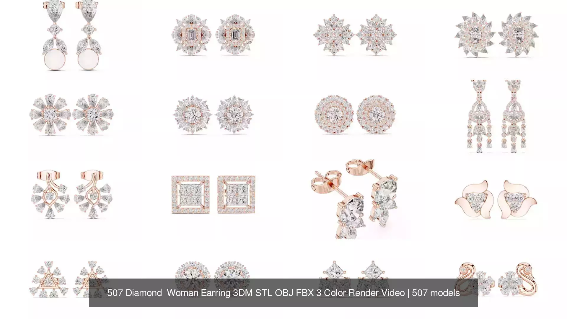 507 Diamond  Woman Earring 3DM STL OBJ FBX 3 Color Render Video 3D Model Collection_54