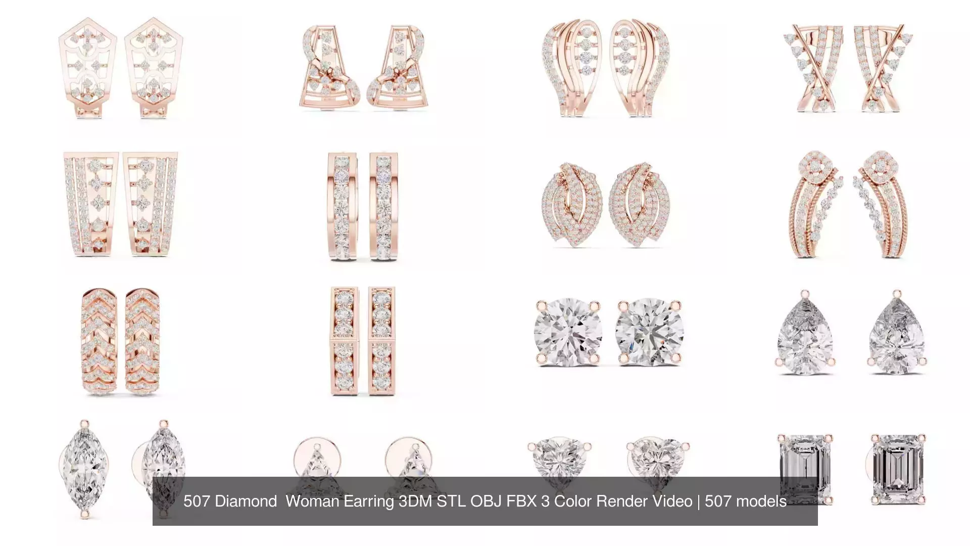 507 Diamond  Woman Earring 3DM STL OBJ FBX 3 Color Render Video 3D Model Collection_37