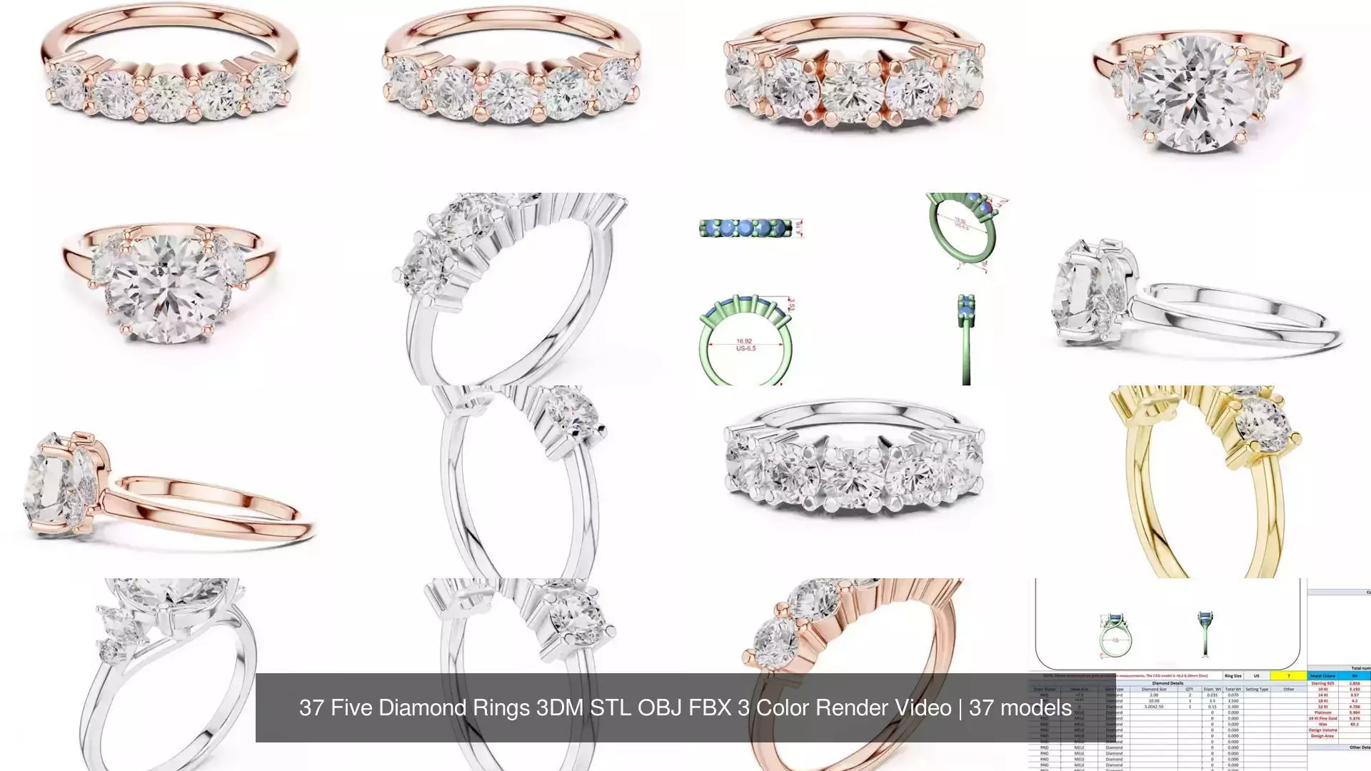 37 Five Diamond Rings 3DM STL OBJ FBX 3 Color Render Video 3D Model Collection_4