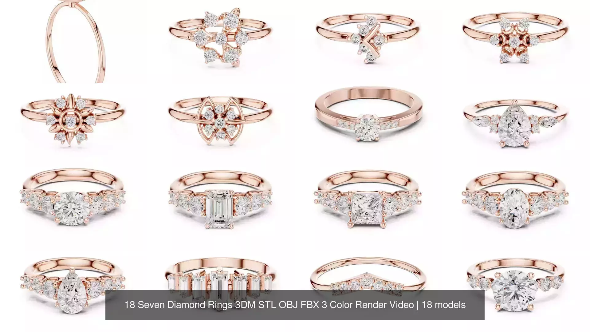 18 Seven Diamond Rings 3DM STL OBJ FBX 3 Color Render Video 3D Model Collection_0