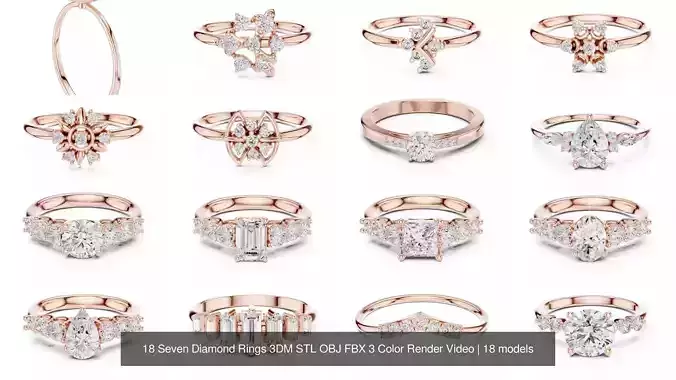 18 Seven Diamond Rings 3DM STL OBJ FBX 3 Color Render Video 3D Model Collection