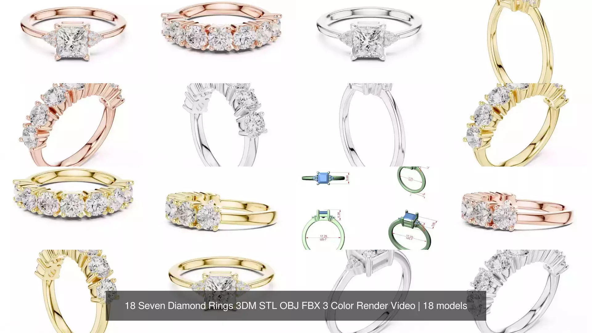 18 Seven Diamond Rings 3DM STL OBJ FBX 3 Color Render Video 3D Model Collection_2