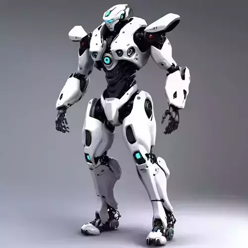 White Robot Warrior 3D Futuristic Mecha Blue Glow Lights