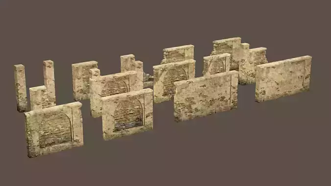 Modular Brick Stone Wall Ruin Set Low-poly 3D Model