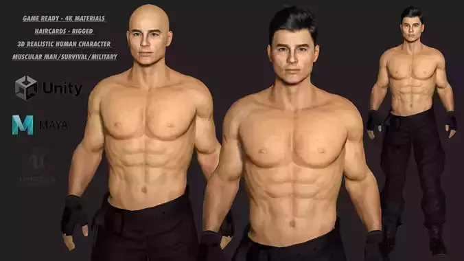 AAA 3D REALISTIC CHARACTER -HANDSOME MUSCULAR  MILITARY SURVIVAL Low-poly 3D model