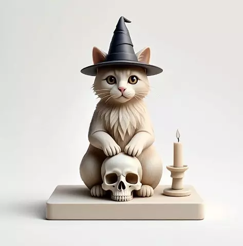 2288  Witch Cat with Skull and Candlestick Figurine 3D print model_5