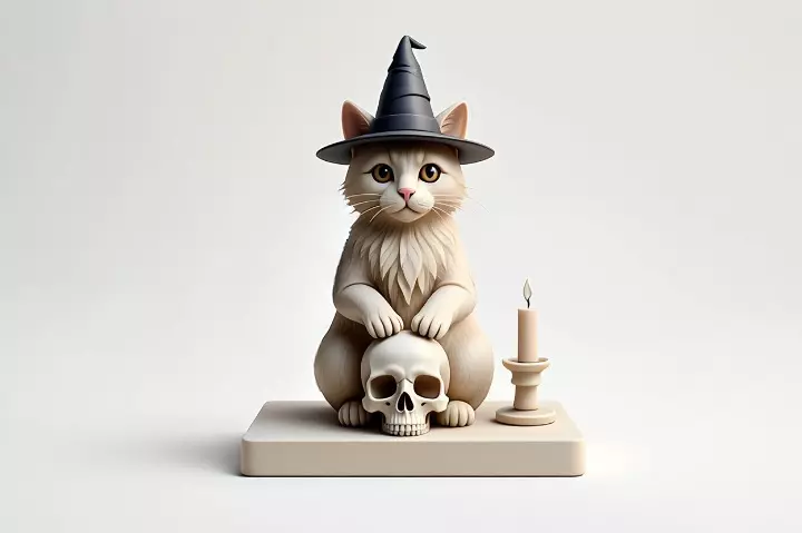 2288  Witch Cat with Skull and Candlestick Figurine 3D print model_0