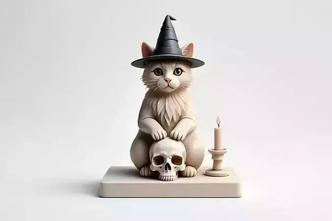 2288  Witch Cat with Skull and Candlestick Figurine
