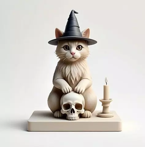 2288  Witch Cat with Skull and Candlestick Figurine 3D print model_4