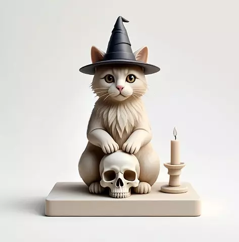 2288  Witch Cat with Skull and Candlestick Figurine 3D print model_3