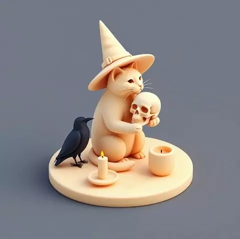 2289Witch Cat with Skull Raven Candlestick Figurine 3D print model_5