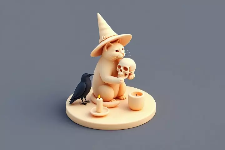 2289Witch Cat with Skull Raven Candlestick Figurine 3D print model_2