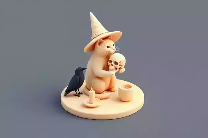 2289Witch Cat with Skull Raven  Candlestick Figurine